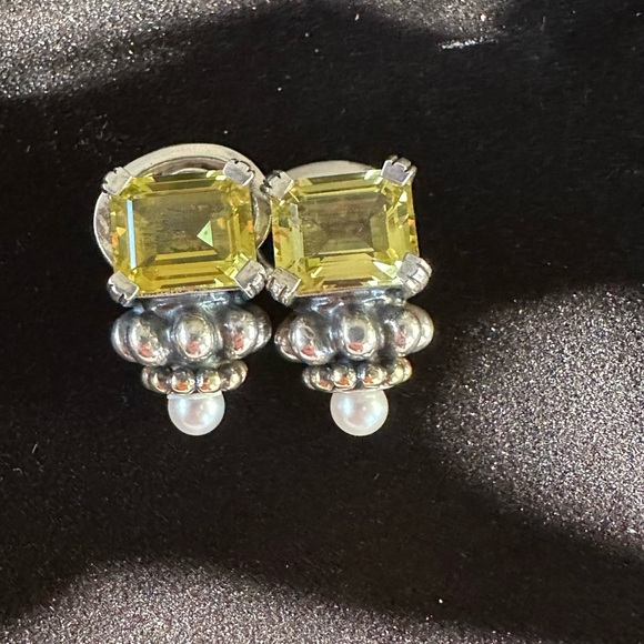 Lagos 18k Yellow Gold Sterling Silver Citrine 5mm Pearl Caviar Stud Earrings - Picture 2 of 7